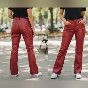 90s Y2K L.E.I Junior Size 11 Red Wet Look Satin Sm. Flare,Hi Waisted Pants. VTG